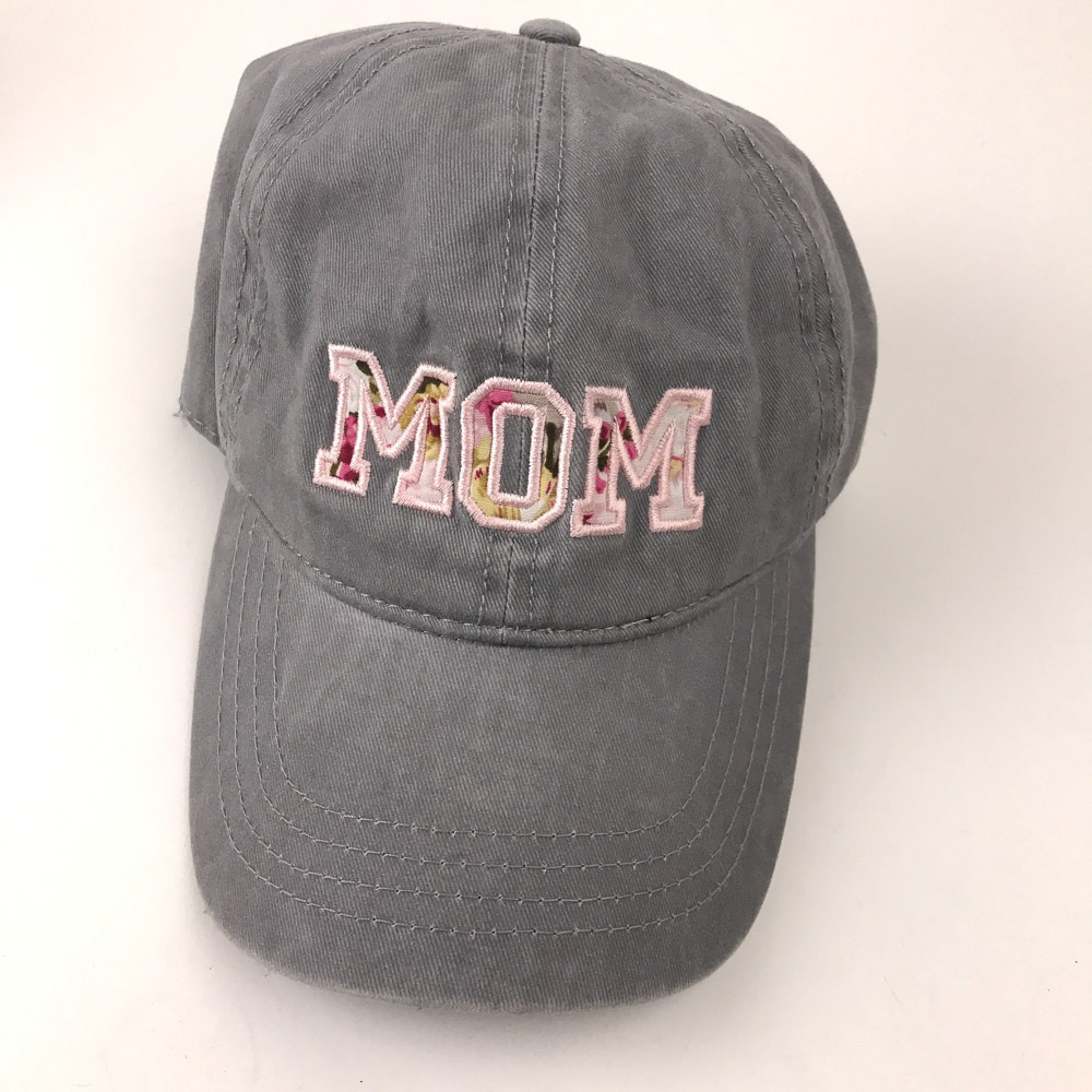 MOM block floral letters pink embroidery hat gray cotton